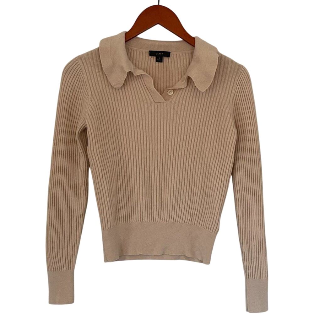 J. Crew Tan Merino Wool Ribbed Knit Sweater, Collar, Preppy, Academia, S